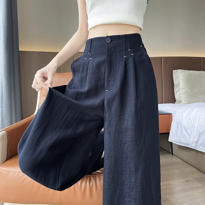 Quần ống rộng vải lụa băng đa năng nữ, phong cách sang trọng mỏng nhẹ mùa hè, quần ống đứng vải lanh Tencel — Màu xanh hải quân (kiểu thông thường)