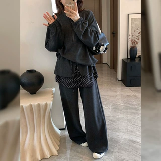 DD2026秋冬新款大码女装胖mm拉链休闲卫衣+波点拼接休闲裤9521AB