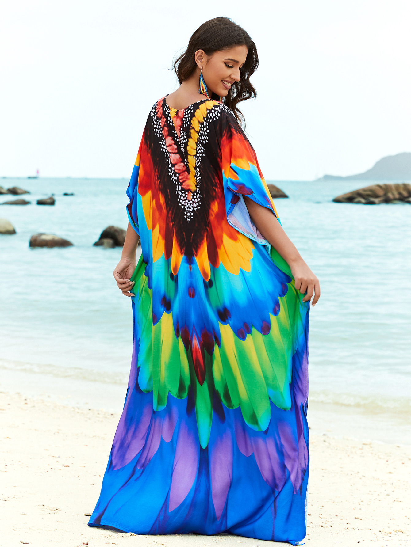 Rochie de plajă lungă kimono dama boho viscoză tie-dye_voghion.com