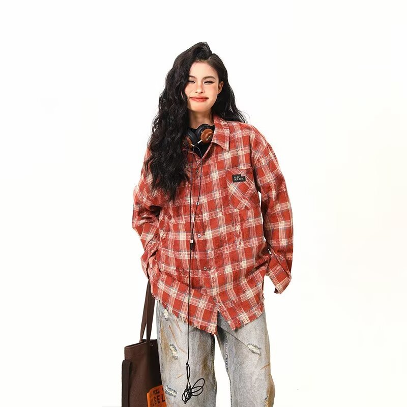 American Style Street Plaid Tie-Dye Shirt Jacket Men's Spring New Loose Tassel Ruffed Plaid Shirt Trendy