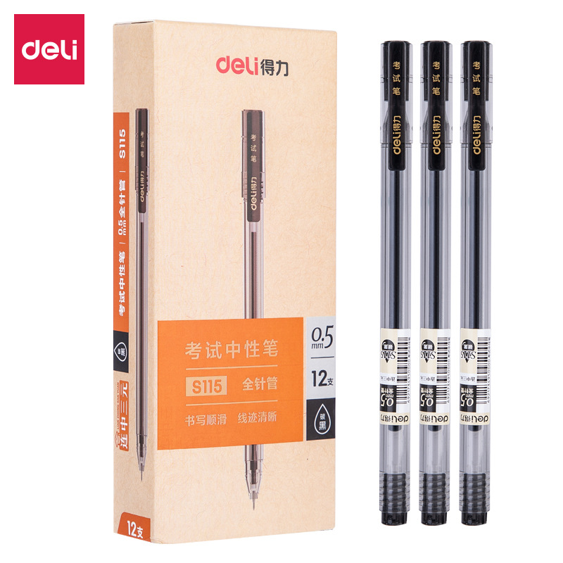 Deli S115 Gel Pen Student Transparent Rod Examination Carbon Signature Pen Full Needle Type Black 0.5mm