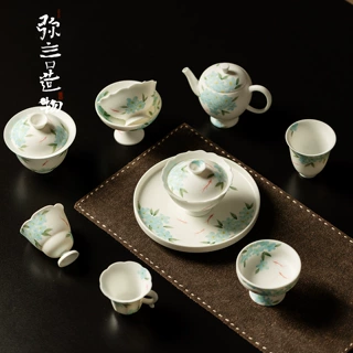 弥言雪花白哑光手绘蓝芳鲤影陶瓷功夫茶具家用盖碗茶杯茶壶主人杯