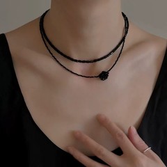 黑色水晶串珠双层项链黑玫瑰叠戴高级感颈链锁骨链时尚精致气质