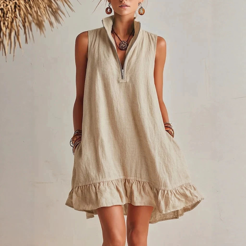Women's Clothing Women's Solid Color Sleeveless V Neck Dress Cotton Linen Spring Summer For Formal & Casual For Women_ecoleips.com