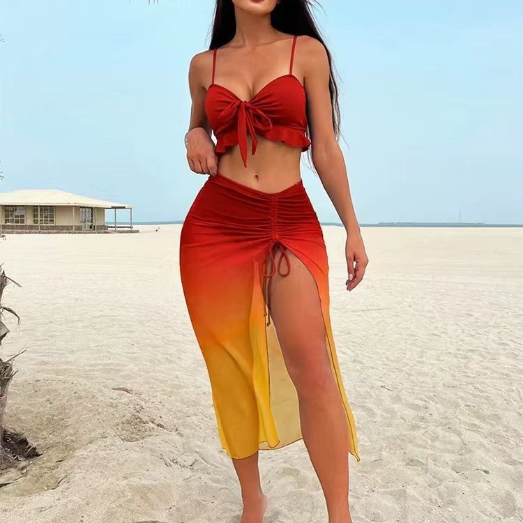 2025 новый раздельный трехкомпонентный консервативный бикини с юбкой в стиле сетки, сексуальный европейский и американский купальник Amazon оптом