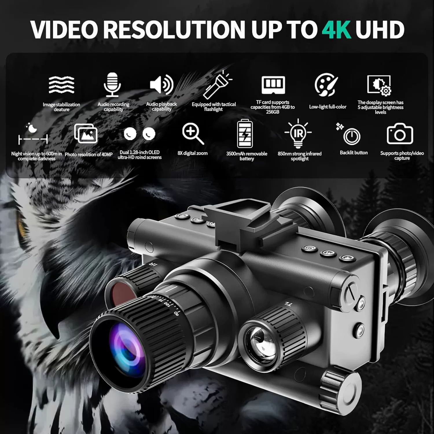 Кросс-бордер новый продукт головной монитор высокое-definition 4K полностью черный инфракрасный низкий свет полноцветное ночное видение устройство для наружной рыбалки и походов