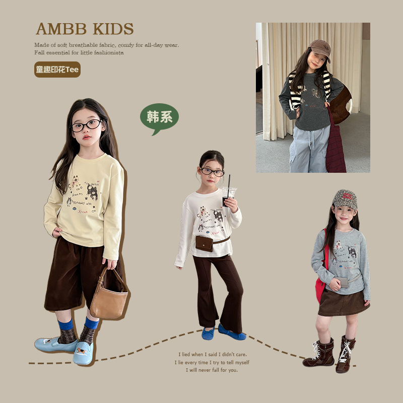 Aimo Beibei 2026 Autumn New Children's Clothing Girls' Korean Style Casual Long Sleeve T-shirt with Cute Cat Print