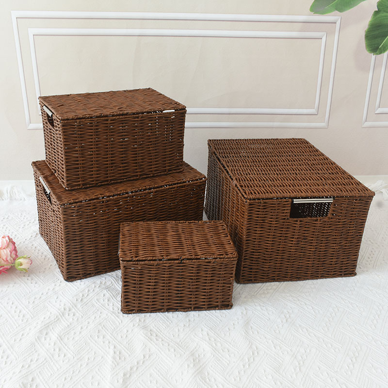 Cesta de almacenamiento con tapa snack caja de almacenamiento de artículos diversos caja de almacenamiento de escritorio caja de almacenamiento de ratán de juguete caja de almacenamiento tejida cesta doméstica