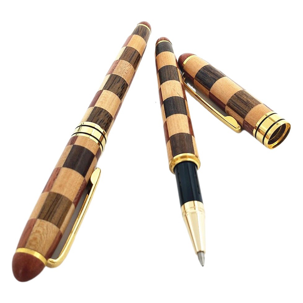 Cross-Border Manufacturer Wholesale Redwood Mosaic Wood Signature Pen Small Square Craft Black Pen Refill 0.5