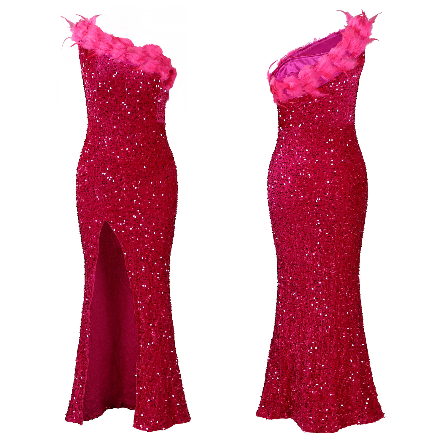 Women's Clothing women's summer sexy fashion feather oblique collar banquet dress skirt sequin slit long skirt_voghion.com