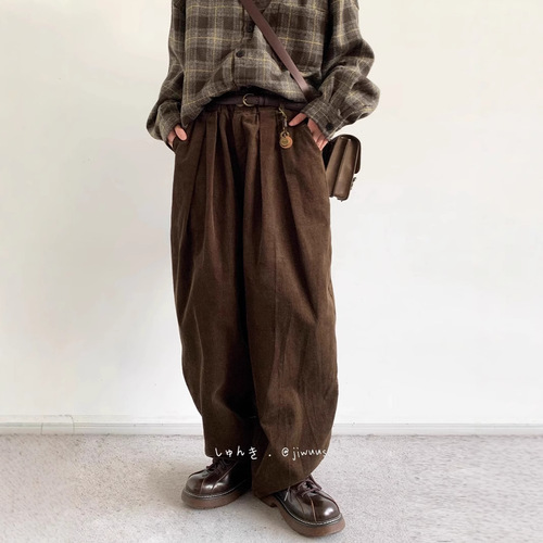 Autumn and Spring Japanese Retro Corduroy Drop Waist Casual Pants for Men Loose Trendy Wide Leg Work Pants