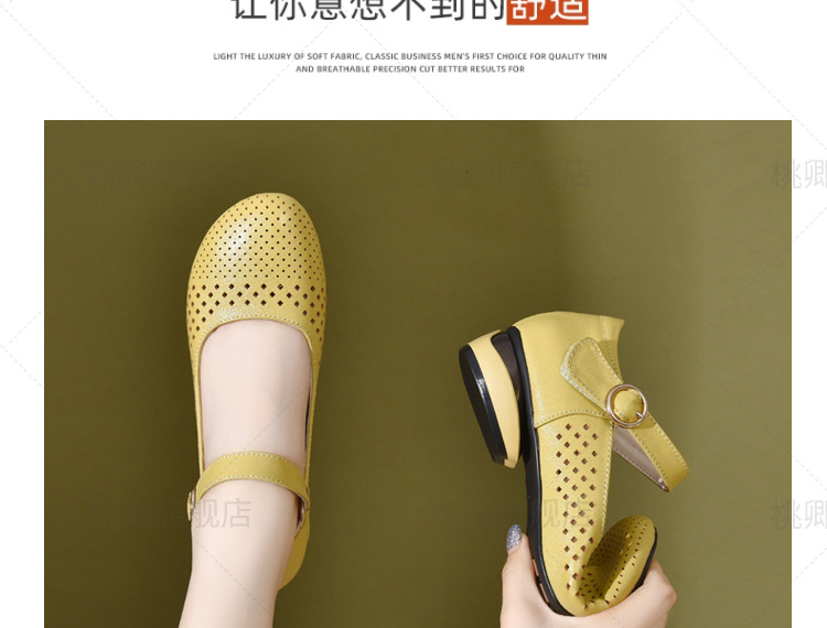 Giày sandal nữ đế xuồng mùa hè da thật thoáng khí mũi tròn bít mũi khoét lỗ — Màu đen chi tiết 8