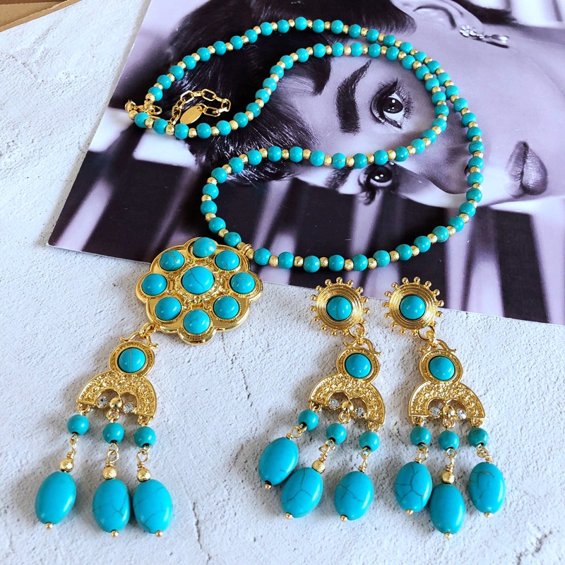 Wholesale Jewelry Vintage Turquoise Stone Pendant Long Necklace Earrings Nihaojewelry display picture 2