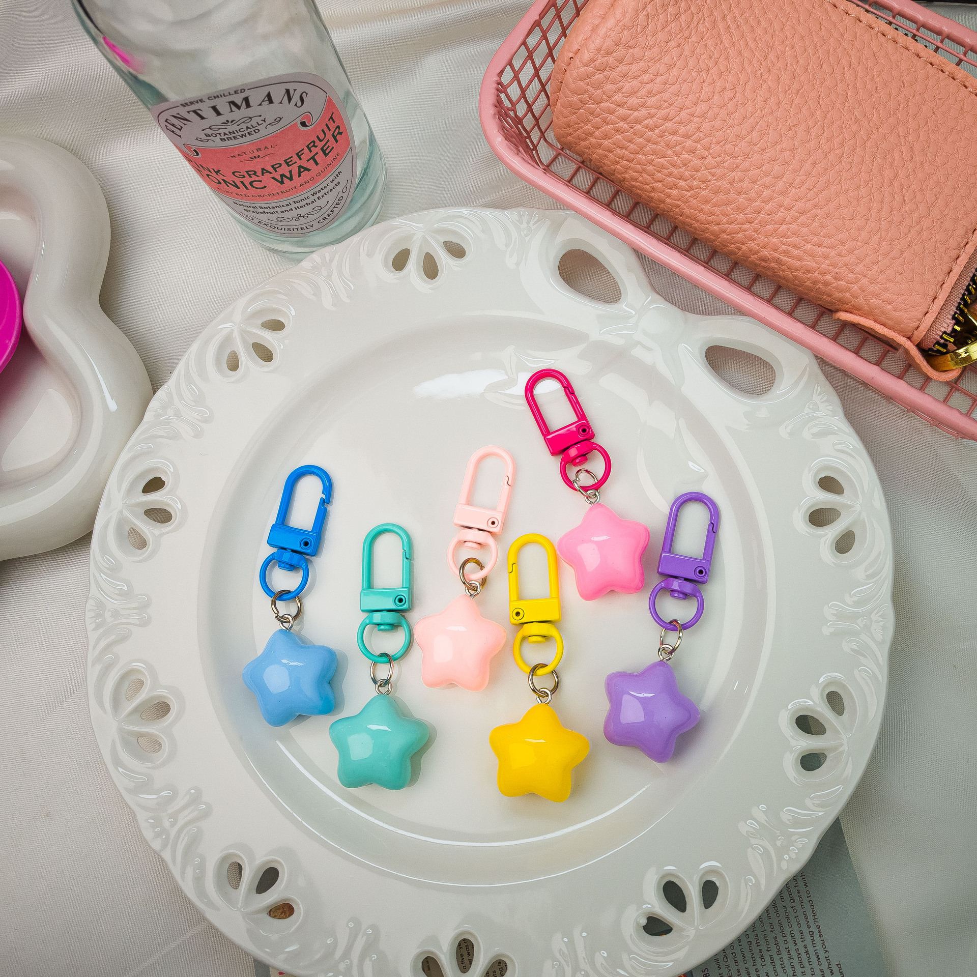 彩扣I86彩色爱心钥匙扣糖果色桃心情侣书包星星五角星挂件小饰品