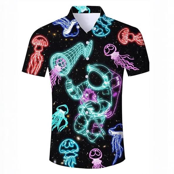 Divertido y creativo 3D impresión digital para hombres verano casual salvaje suelta camisa de solapa con botones de manga corta en stock