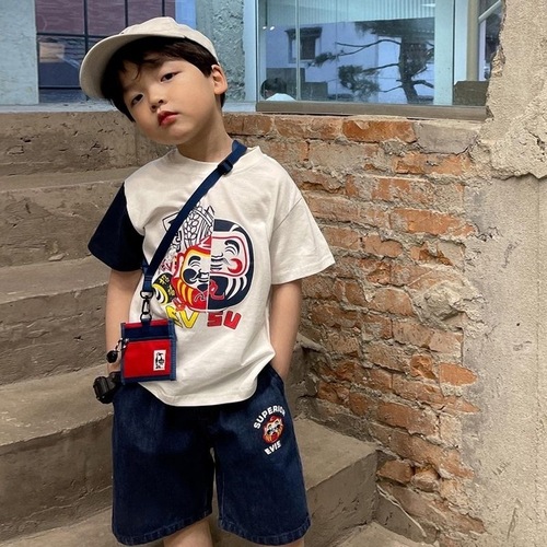 Boys' suit summer new style children's loose Japanese casual short-sleeved cartoon printed color block top trendy for children and middle-aged children