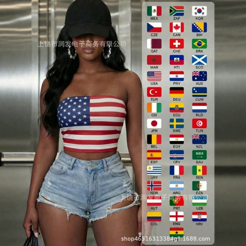 American-Style American Flag Print Tube Top, Waist-Exposing, Slim-Fit, Strapless Tank Top, Hot Girl Style, Summer Outerwear Top