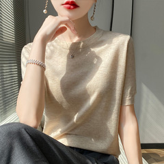 2023春夏精紡薄型天糸ウール半袖女性ゆるい丸首tシャツ純色大サイズニット半袖