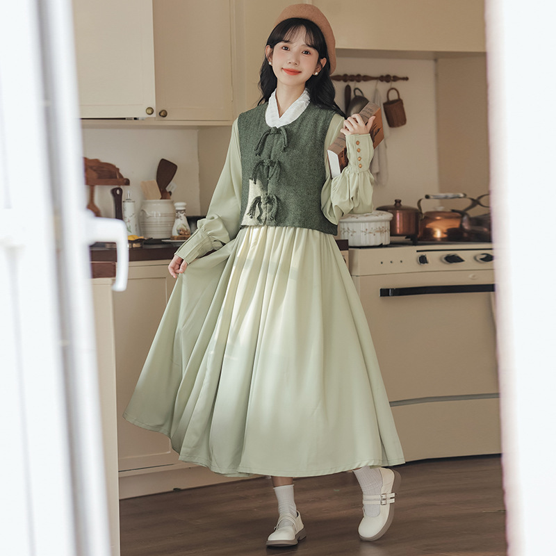 青黛明制春秋2025新款改良汉元素日常毛呢马甲+背心连衣裙套装女|undefined