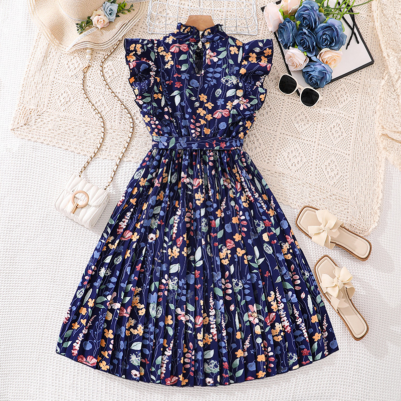Robe d'été pour fille à fleurs françaises, manches courtes, style princesse, coupe ajustée, plissée, motif végétal_voghion.com