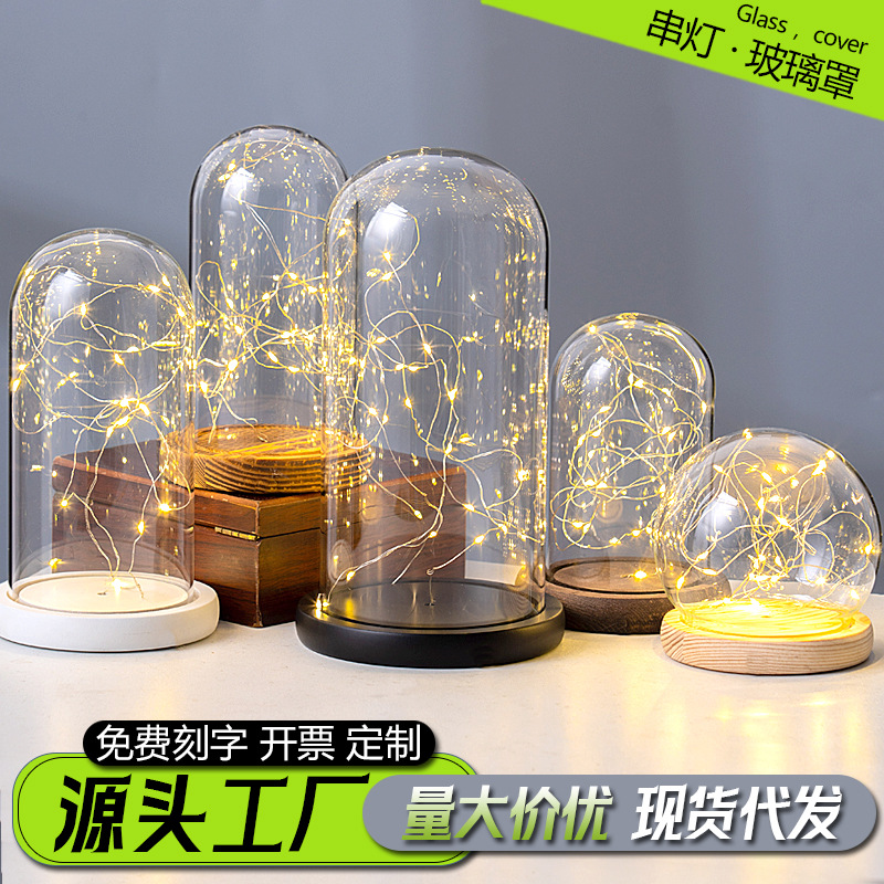 海胆小夜灯永生干花玻璃罩底座发光带串灯手办模型透明展示防尘盒