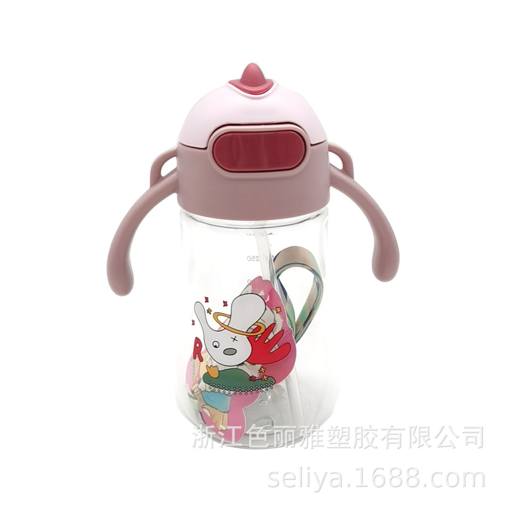 Botella de agua infantil con dinosaurio, pajilla y asa, portátil