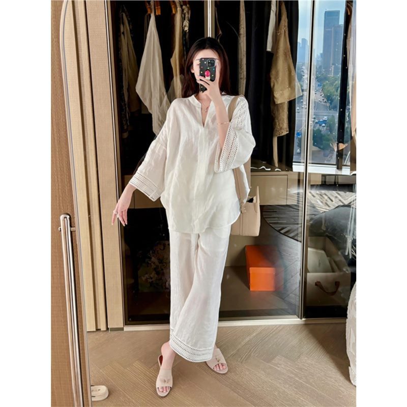 French Fashion Linen Shirt suit Women's Early Autumn Lazy Style Elegant Salt Street Shirt Wide Leg Pants Two-piece Set