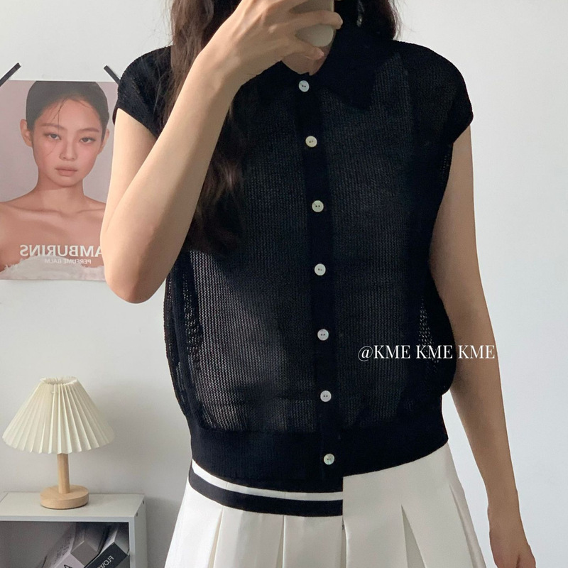 Summer Polo Collar Mesh Knit Sleeveless Cardigan, Solid Color Breathable Thin Style with Turn-Down Collar and Single-Breasted Vest Top