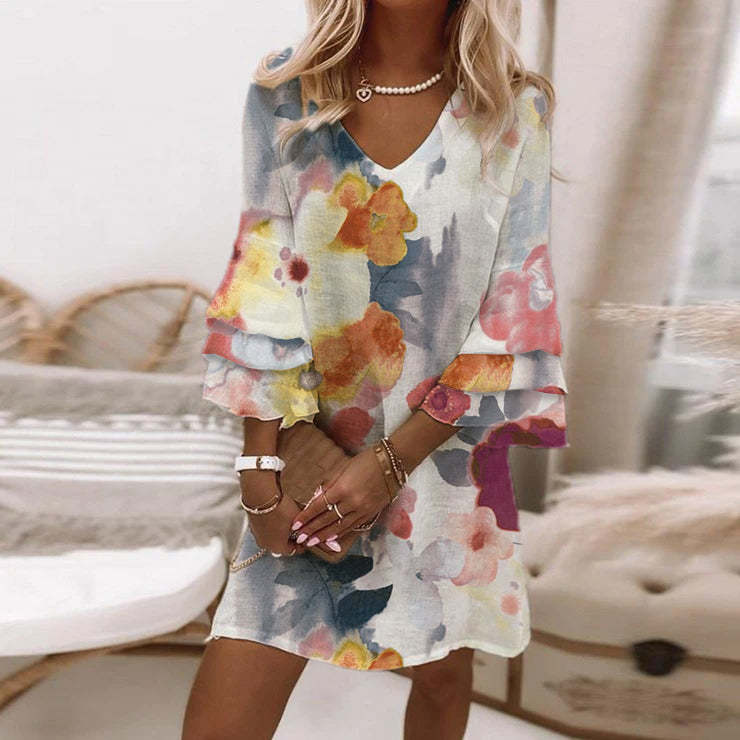 Nuevo estilo transfronterizo europeo y americano Amazon AliExpress Wish estampado fresco con cuello en V 3/4 manga mini vestido de mujer image 17