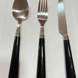 揭阳厂家供应 430不锈钢刀叉勺 黑色塑料柄 野餐餐具刀叉勺3件套
