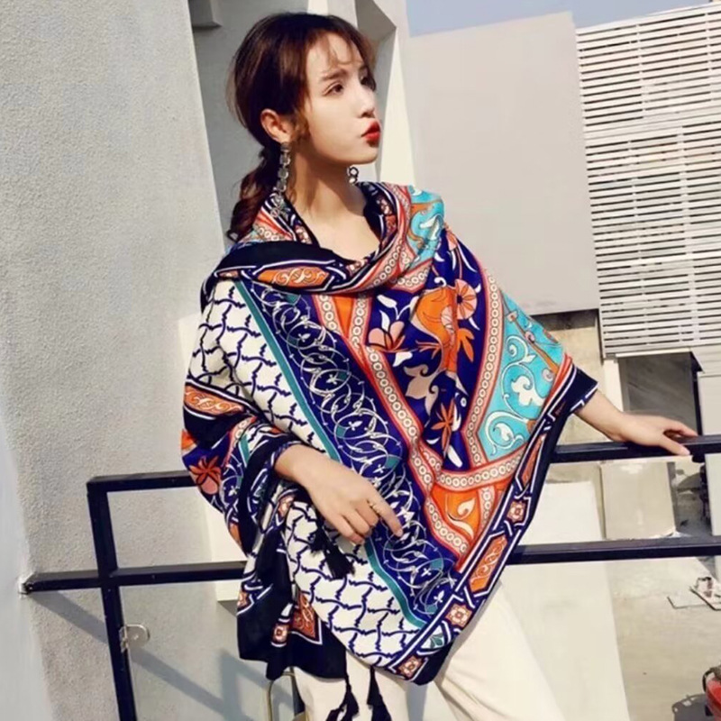 Sopa de satén de twill para mujeres 2025 bufandas de viento nacional de verano tibetanas bufandas de seda protector solar lago Qinghai turismo foto toalla de playa