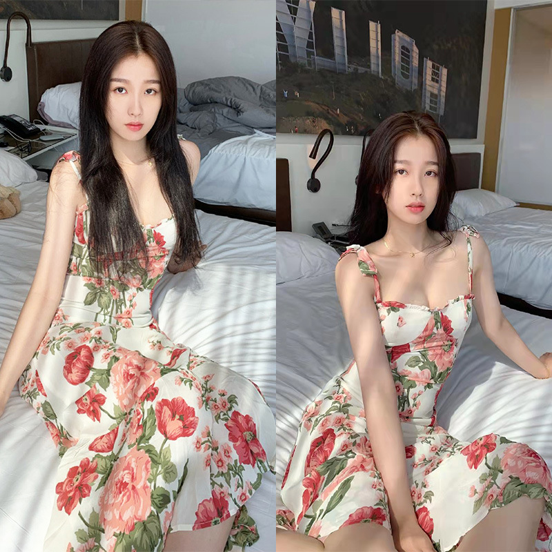 Yu Shuyin 같은 옷 해변 휴가 해변 원피스 프랑스 고급 유화 장미 꽃 끈 원피스
