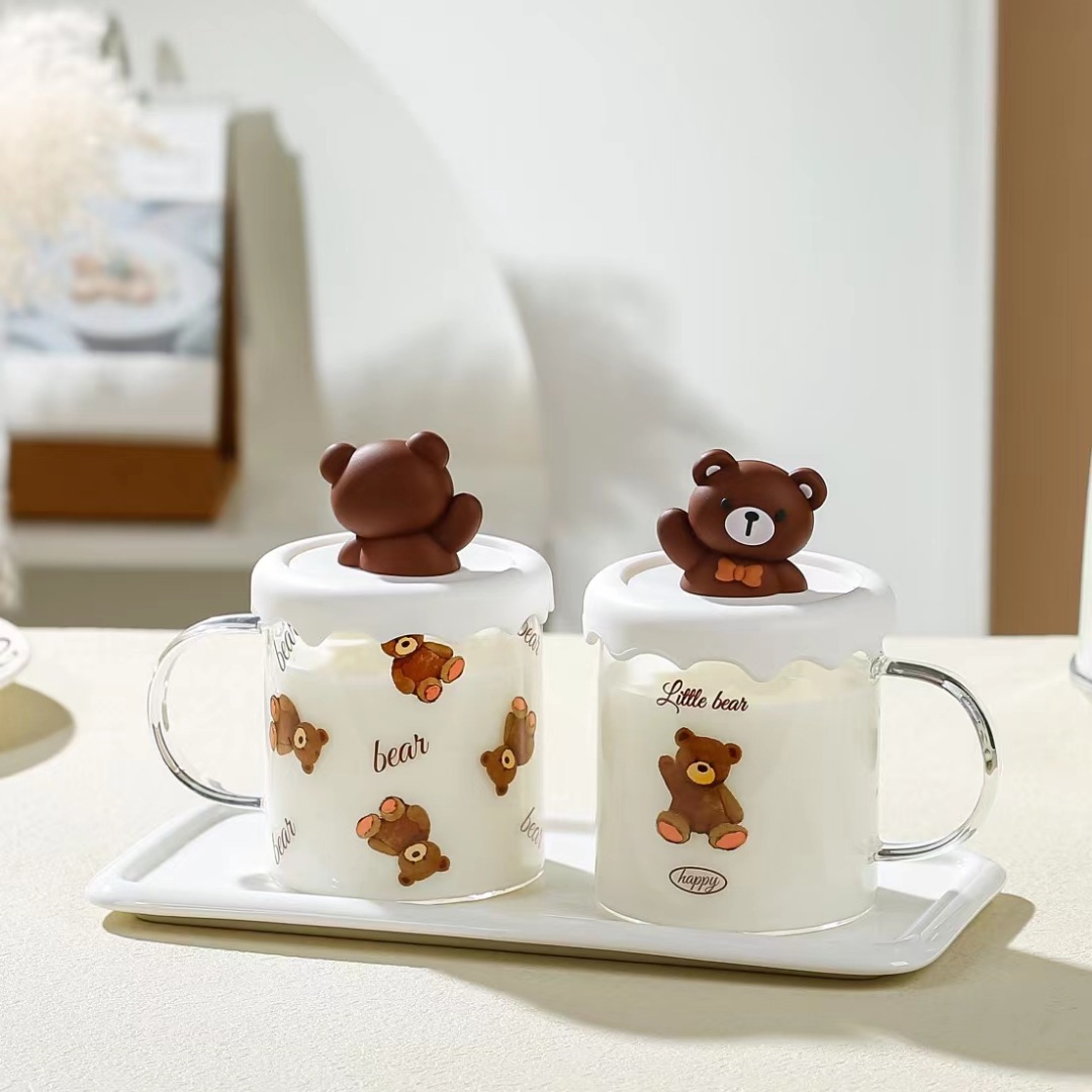 Creativo de dibujos animados Oso de vidrio con tapa de alto aspecto lindo regalo de mano taza de bebida simple taza de oficina