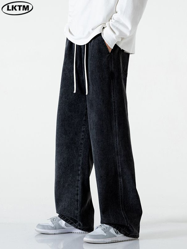 LKTM ropa de hombre #2025 primavera nuevo estilo jeans negros hombres con cordón elástico pantalones rectos sueltos de pierna ancha