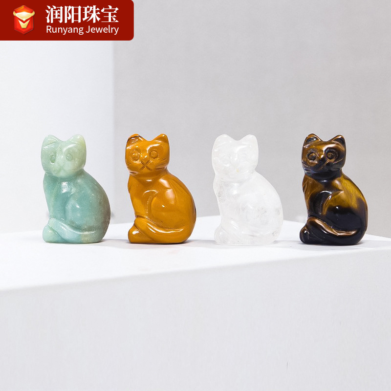 天然水晶招财猫雕刻件水晶玉石猫咪摆件水晶原石矿标装饰工艺品