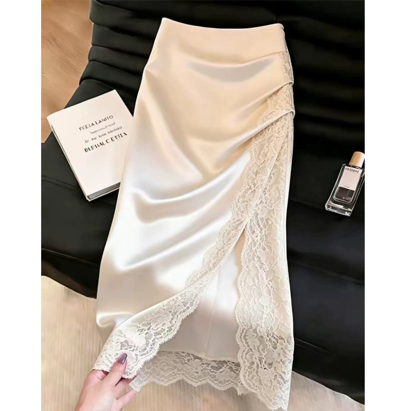 White lace pleated satin midi skirt for women, a trendy new style for summer 2026, exuding a sophisticated A-line skirt.