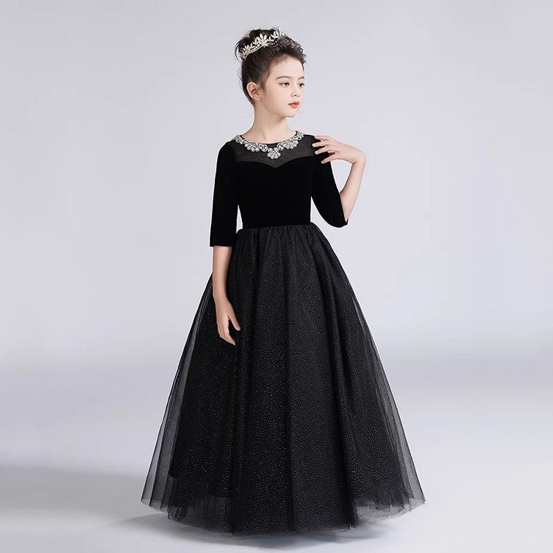 Children's Hepburn Style Princess Dress Black Slim Fit Performance Outfit For Piano Violin And Hosting【Pre-sale | Ships In 15 Days】_voghion.com