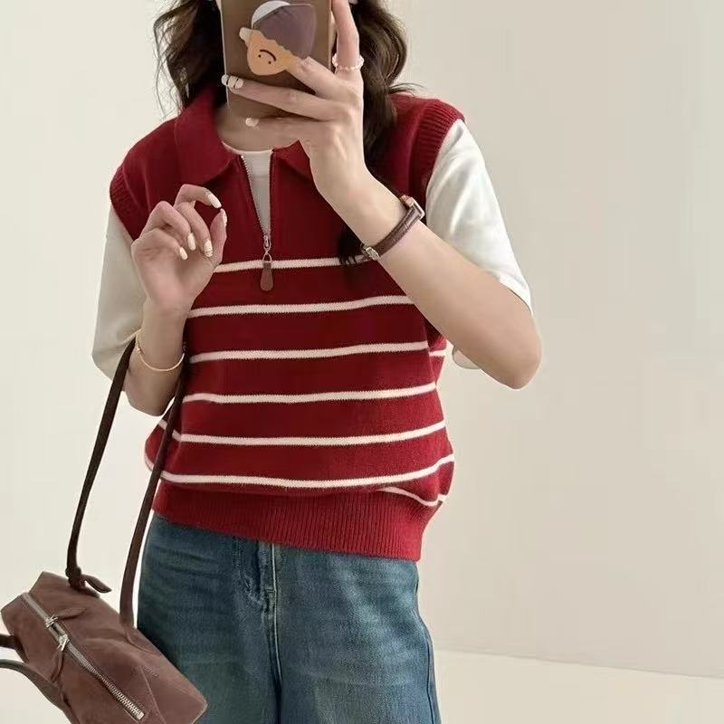 韩系复古翻领拉链条纹针织背心女外贸秋冬无袖外穿坎肩上衣女|undefined