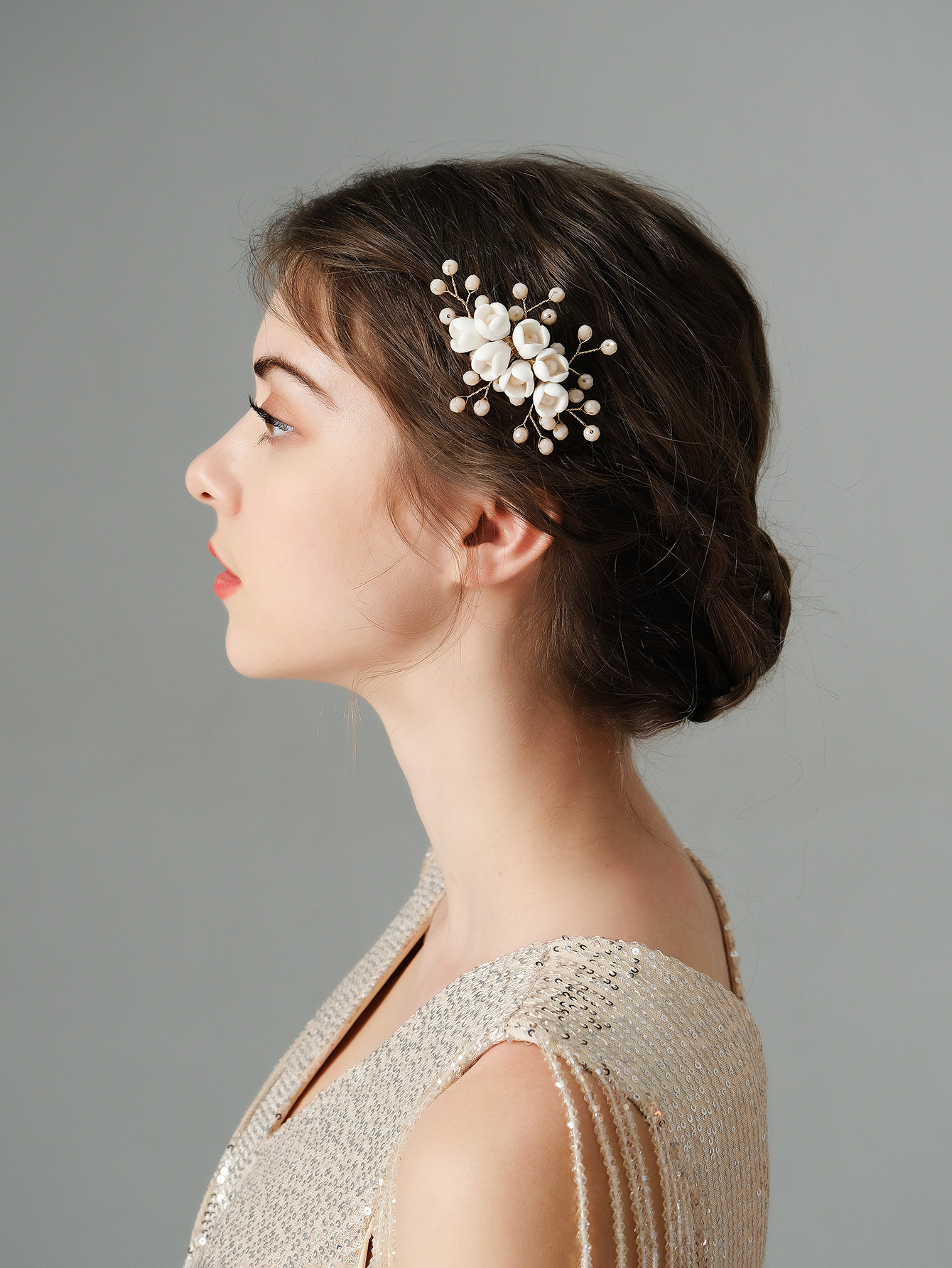 Holiday, Wedding, Stage Occasion Elegant Retro Lady Flower Ceramics Insert Comb