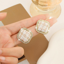 韩国水钻格纹小香风耳环女秋冬拼色方块耳钉气质高级感女神范耳饰