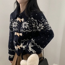韩国ins冬季北欧风加厚翻领牛角扣雪花针织开衫女保暖毛衣外套