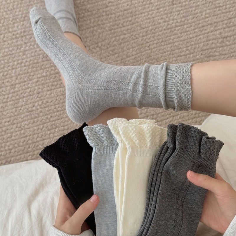 双针花边堆堆袜秋冬百搭纯色中筒袜子女日系袜子韩版袜ins简约袜|undefined