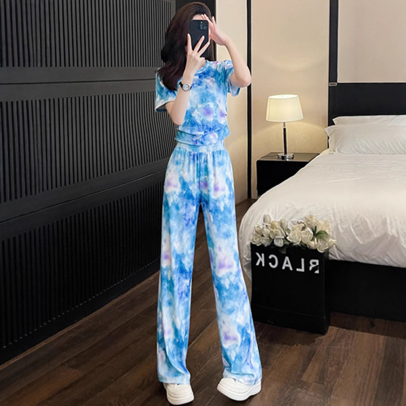 Fried Street Tie-Dye Casual Sports suit Women's Summer New Short-sleeved Tall Top Wide-leg Pants Two-piece Set Fried Street Tie-Dye Casual Sports suit Women's Summer New Short-sleeved Tall Top Wide-leg Pants Two-piece Set