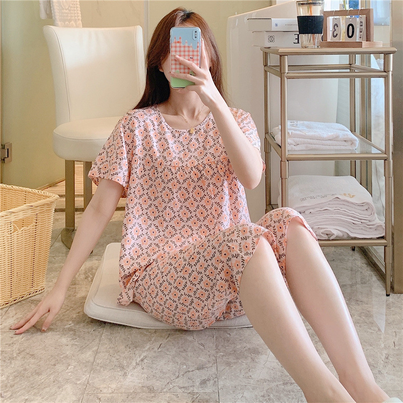 新しい綿シルクパジャマ女性のための夏の薄いツーピース半袖人工綿シルクかわいいルーズ大きいサイズホーム服|undefined