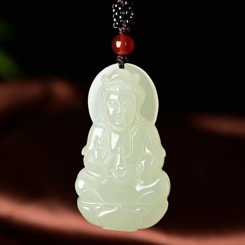 Mặt dây chuyền ngọc Hetian hình Phật Bà Quan Âm và Phật cười, dây vòng cổ ngọc tự nhiên Afghanistan chi tiết 5