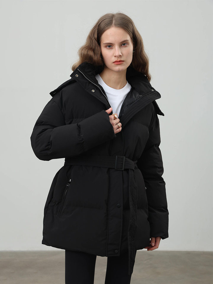 Áo khoác bông nữ có mũ, khóa kéo, thắt eo dáng ôm, dài trung bình, chất liệu polyester dày — màu nâu, màu đen, quả mơ chi tiết 29