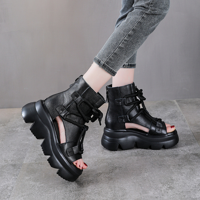 Sandal cao gót nữ mũi hở phong cách La Mã đế xuồng da thật quai buộc cổ điển — màu đen