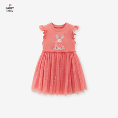 Fairy tales夏季短袖女童連衣裙歐美卡通女童公主裙網紗兒童裙子