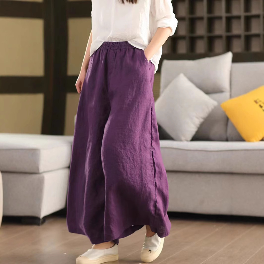 Guka Apparel 2026 Summer Women's Vintage Washed Linen Wide-Leg Pants Loose Fit Slimming Long Pants