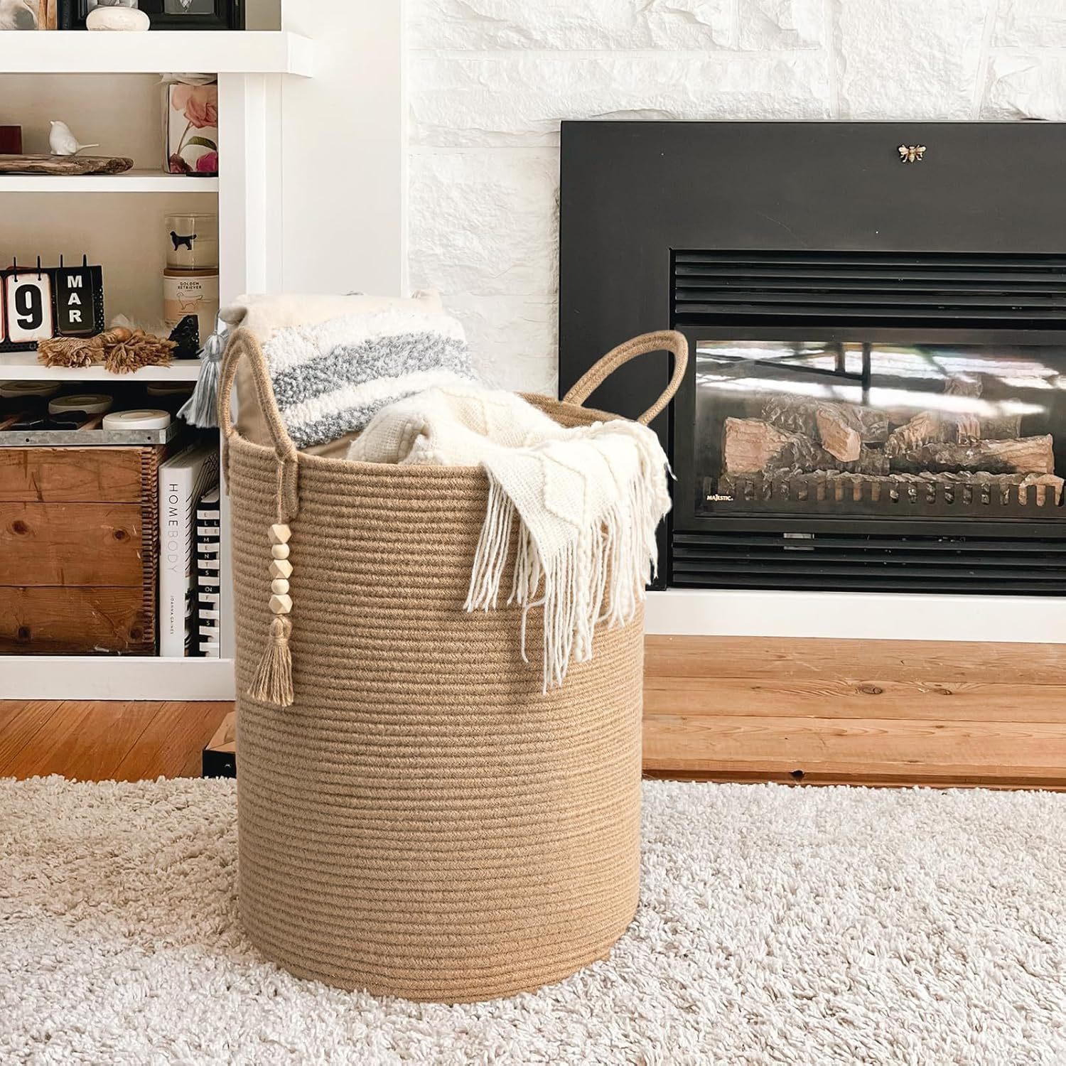 Cesta de lavandería de hilo de algodón de tubo alto nórdico con mango cesta de almacenamiento decorativa cesta de almacenamiento de artículos diversos cesta de almacenamiento de juguete dormitorio balcón